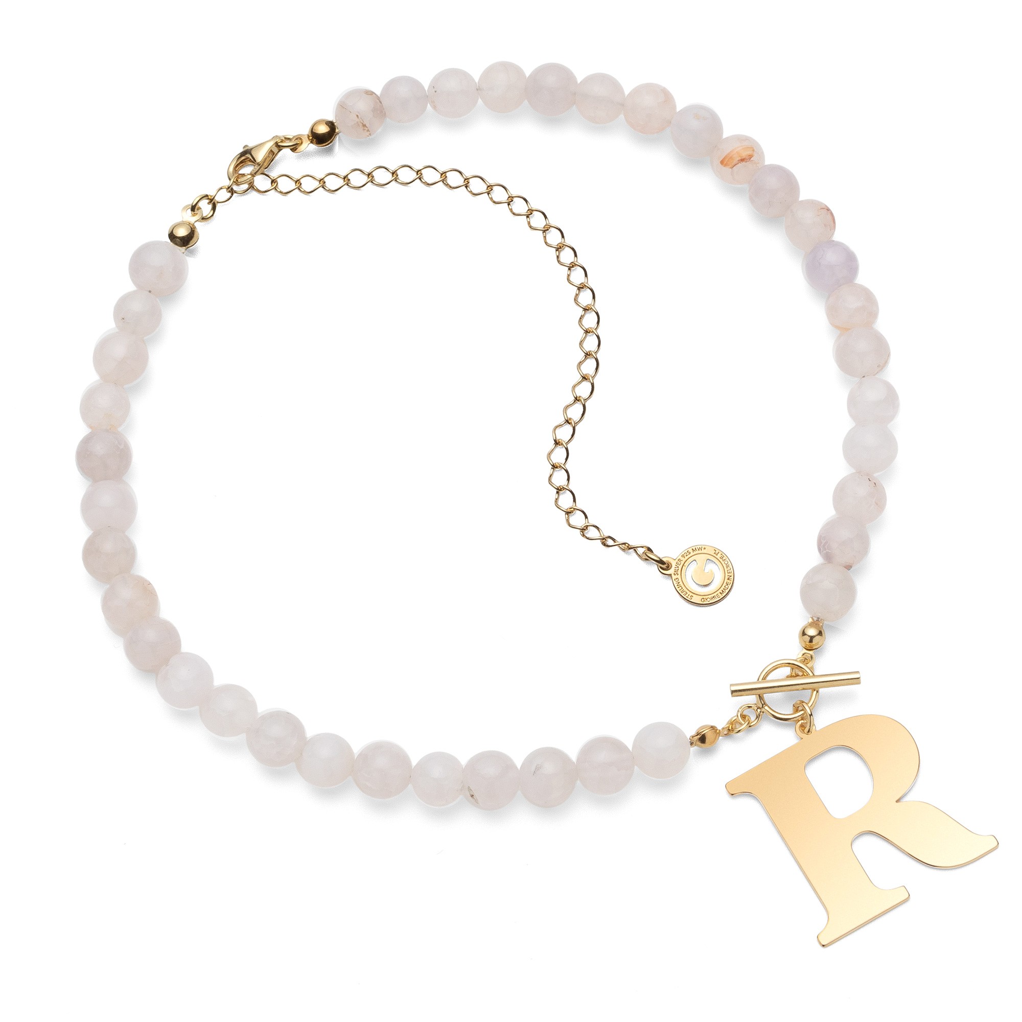 Choker kamienie naturalne, agat biały z dowolną literą, srebro 925